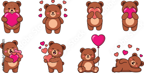 Cute teddy bear characters with hearts expressing love and affection in playful poses, adorable cartoon valentine flat vector illustration set