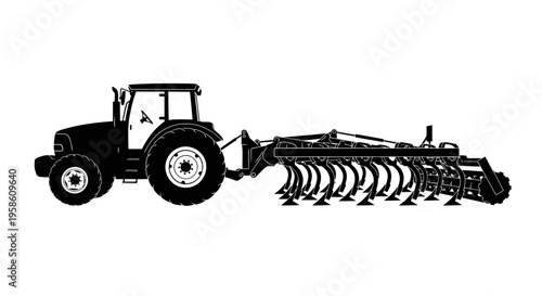 Tractor with agricultural plow equipment on white background for farming and cultivation purposes