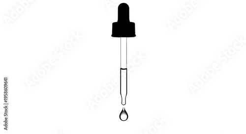 Black silhouette of a glass dropper with a single drop falling isolated on white background for medical or cosmetic design
