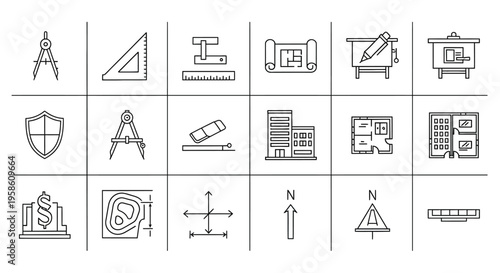 Collection of Technical Drawing Icons for Engineering and Architecture
