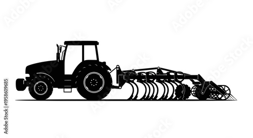 Tractor with attached agricultural roller cultivator equipment on white background for farming and cultivation concepts