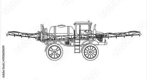 Detailed illustration of a large agricultural sprayer machine with extended boom arms for crop treatment