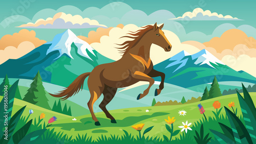 Watercolor textured vector art of horse jumping in green field, wildflowers, mountains