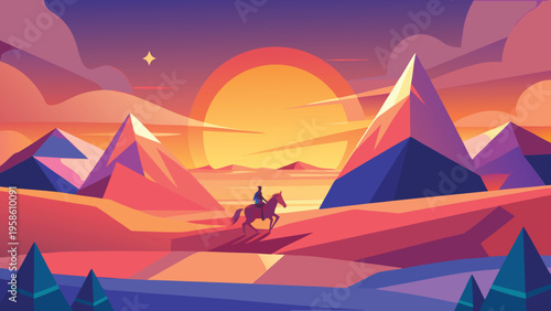 Geometric landscape with rider galloping on hill at sunrise, vibrant abstract vector art