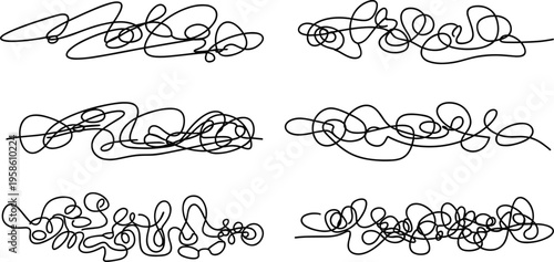 Vector illustration set of abstract scribble line art featuring tangled loops, chaotic patterns, modern minimal design, and decorative icons.