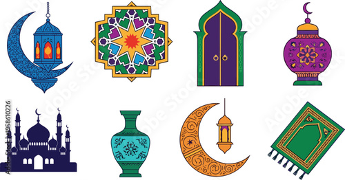 Islamic culture decorative elements collection with mosque, lantern, crescent moon, prayer mat, and geometric patterns in flat vector illustration