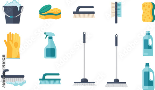 Cleaning Tools Icon Set with Bucket, Sponge, Brush, Mop, Spray Bottle, Gloves, and Detergent Flat Vector Illustration Collection