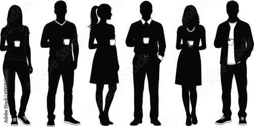 Group of people silhouettes holding coffee cups, diverse men and women standing in casual and formal outfits, black vector illustration for lifestyle and social interaction conceptsaction concepts