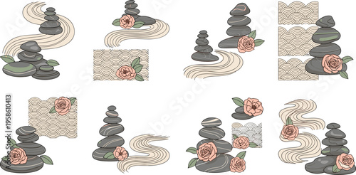 Zen Garden Stone and Flower Illustration Set with Balanced Stones, Sand Patterns, and Floral Elements Spa Relaxation Vector Collection