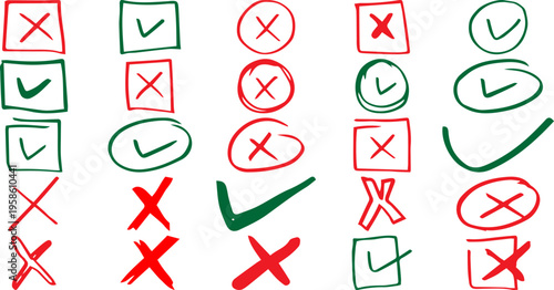 Collection of hand-drawn checkmark and cross icons representing yes or no correct or incorrect for design and decision-making concepts