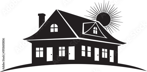 House silhouette with sun rising behind the roof, real estate and home property logo vector illustration