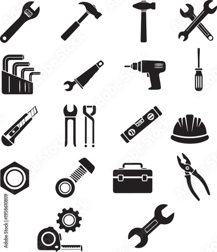 Construction and repair tools icon set with hammer, wrench, screwdriver and drill in black flat vector style