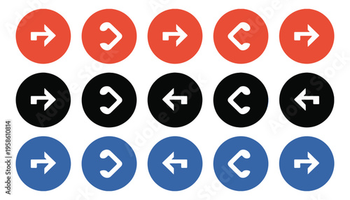 Forward and backward arrow icons in red, black, and blue for navigation purposes, vector illustration set for website, app, and UI design interfaces