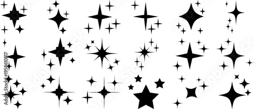 Collection of black sparkle star icons simple flat vector graphic elements for design isolated on white background