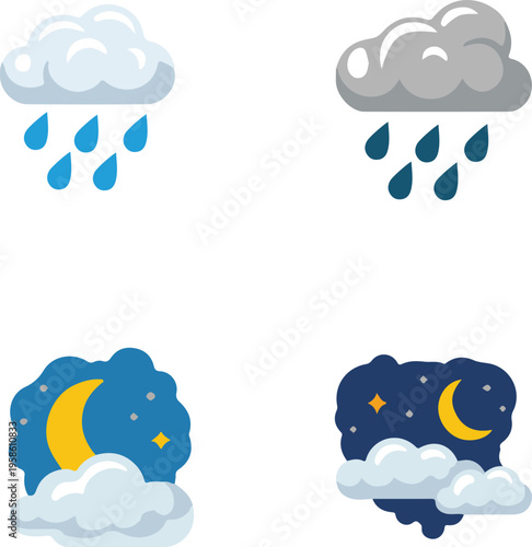 Weather forecast icons set with rain clouds and night sky with moon and stars vector illustration