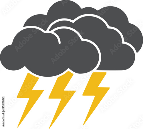 Thunderstorm icon with dark clouds and yellow lightning bolts, weather forecast vector illustration