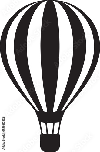 Hot air balloon silhouette with stripes, vintage flying transport vector illustration in black and white flat style