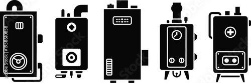 Industrial Boiler Silhouette Icon Set, solid style vector illustration showing factory boiler