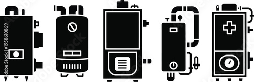Industrial Boiler Silhouette Icon Set, solid style vector illustration showing factory boiler