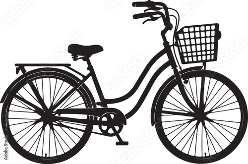 Classic city bicycle silhouette with front basket, vintage lady bike vector illustration isolated on white