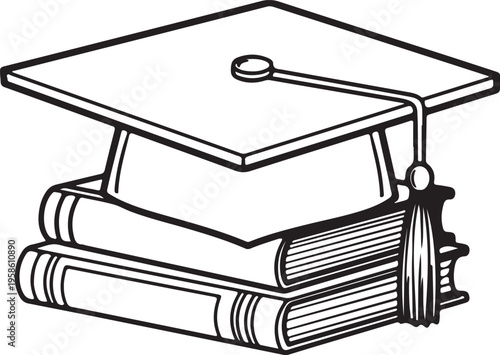 Graduation cap on stack of books vector illustration, education and university success concept in black and white line art
