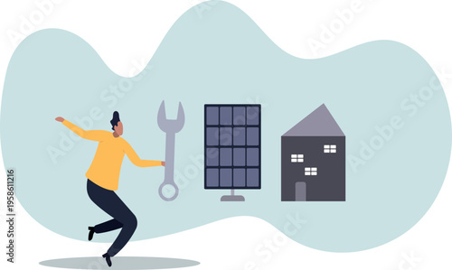 Technician with Wrench Near Residential House and Solar Panel