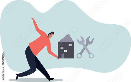 Home Repair and Maintenance Concept . Man Holding House with Wrenches as Renovation Symbol