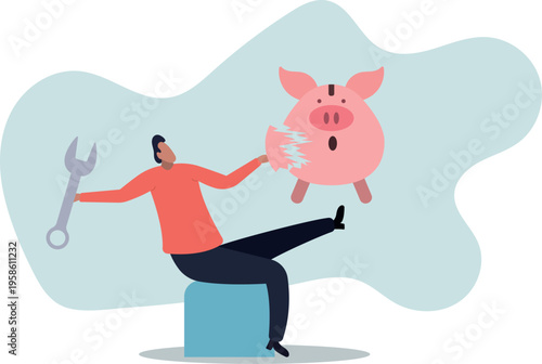 Financial Repair Concept .Man with Wrench Fixing Broken Piggy Bank
