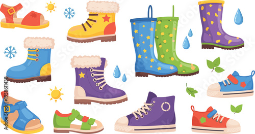 Seasonal footwear collection with winter boots, rain boots, and casual shoes in colorful cartoon style flat vector illustration set