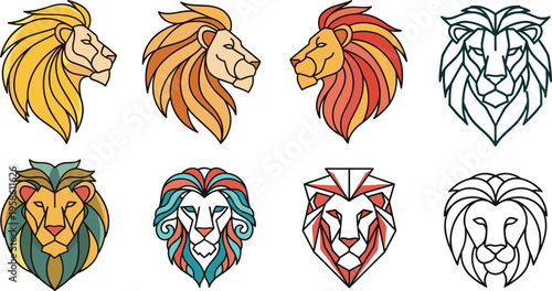 Stylized lion head collection with geometric and colorful mane designs, modern animal logo concepts in flat vector illustration set