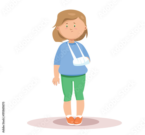 Little girl with a broken arm in a cast, sad child character with medical bandage.
