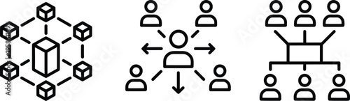 Complex Systems and Team Collaboration Icon, solid style vector illustration showing centralized leadership, distributed team workflow, project management structure