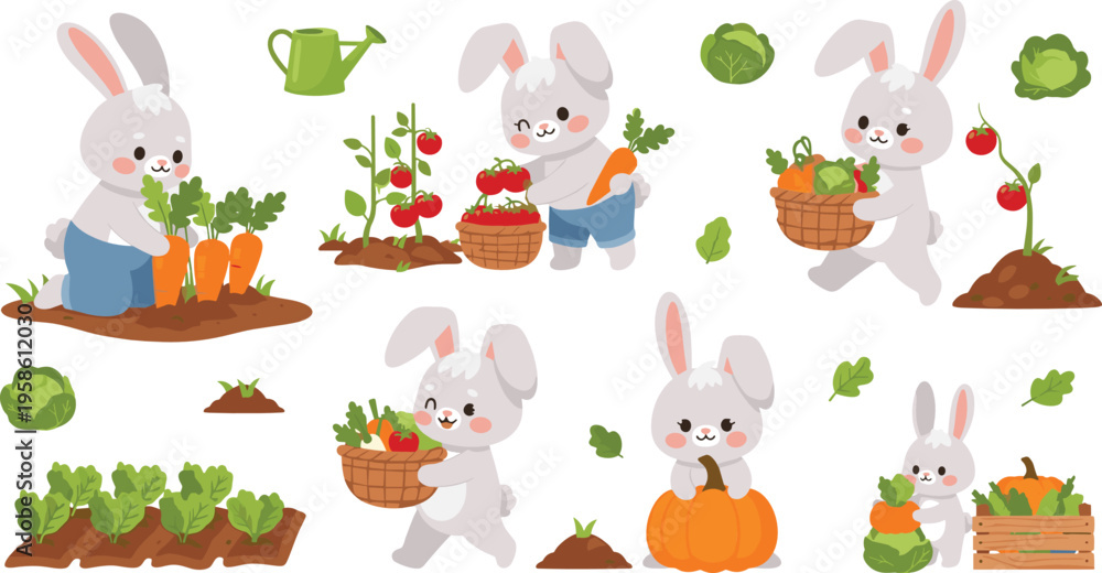 Naklejka premium Cute cartoon rabbits harvesting vegetables with baskets, carrots, pumpkins, and garden elements in playful flat vector illustration style