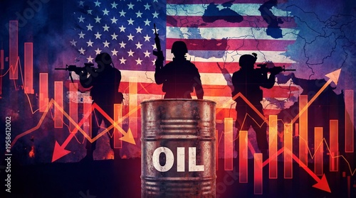 American Soldiers Guard Oil Barrel Against Economic Decline Chart and National Flag Background Symbolizing Geopolitical Energy Crisis and Financial Instability