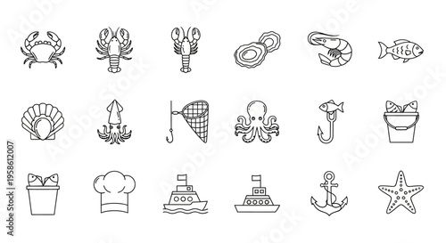Collection of Eight Marine Creatures and Oceanic Symbols for Nature and Sea Life Themes
