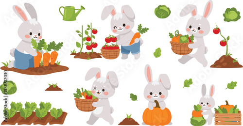 Cute cartoon rabbits harvesting vegetables with baskets, carrots, pumpkins, and garden elements in playful flat vector illustration style