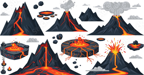 Volcano eruption collection with lava flows, craters, and mountains, dramatic natural disaster scenes in detailed flat vector illustration set