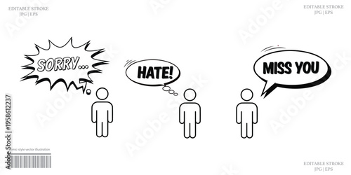 Speech bubbles illustration with sorry hate miss you emotional communication minimal design