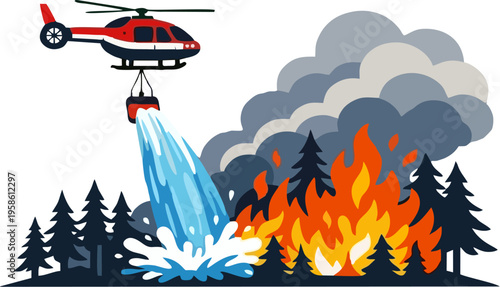Firefighting Helicopter Dropping Water on Burning Forest Wildfire with Smoke Clouds — Flat Vector Illustration