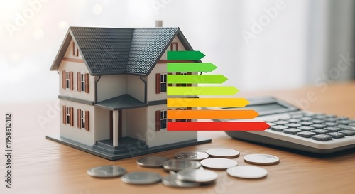 House energy efficiency rating with coins and calculator