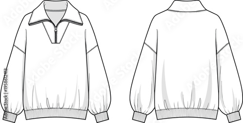 Women Oversized Quarter Zip Sweatshirt Technical Flat Sketch Vector Template with Drop Shoulder and Ribbed Hem for Fashion Design Portfolio