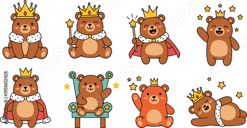 Cute king bear characters with crowns, capes, and royal accessories in playful poses, adorable cartoon animals flat vector illustration set