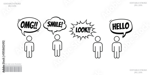 Speech bubbles illustration with omg smile look hello expressive communication design