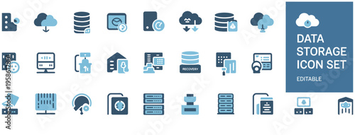 Editable set of 25 flat icons for data storage, cloud storage, and database management systems.