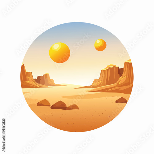 Desert landscape illustration with stylized mountains and celestial bodies