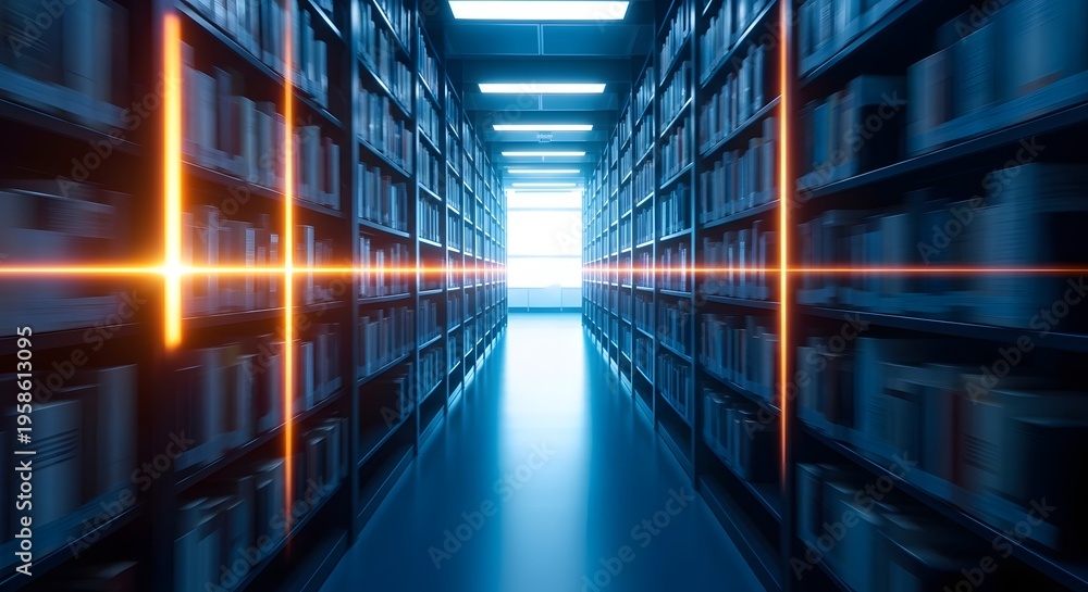 Fototapeta premium Vast digital library corridor illuminated by intersecting data streams, symbolizing the boundless journey of knowledge acquisition and exploration in a futuristic setting