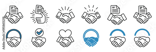 Handshake Icon Set, Business Agreement and Partnership Deal Symbols, Friendly Handshake with Check Mark, Vector Illustration for Apps, UI, Website, and Corporate Design