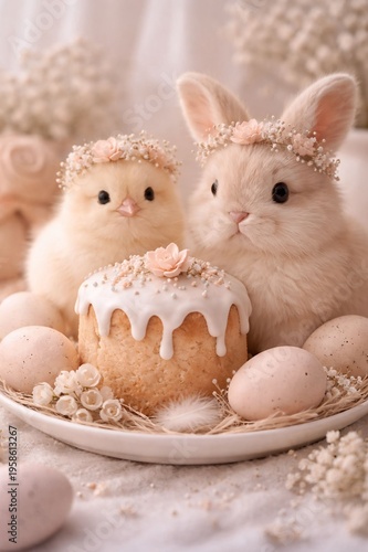 Easter scene with bunny, chick and traditional cake, pastel neutral colors, cozy праздничная атмосфера, spring mood