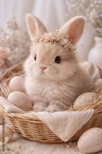 Adorable fluffy Easter bunny sitting in a basket with eggs, soft neutral tones, spring aesthetic, cozy composition