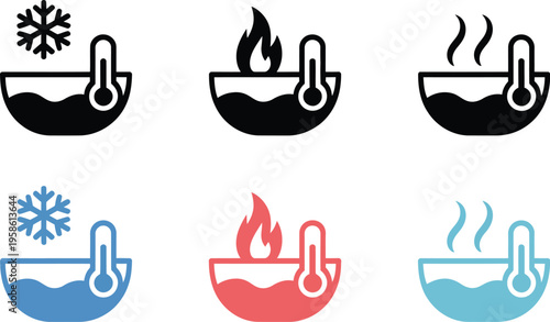 Hot and Cold Water Icon, solid vector illustration depicting water temperature control, hot and cold bath symbols, steam and ice indicators, thermometer in basin, and bathing comfort concept.